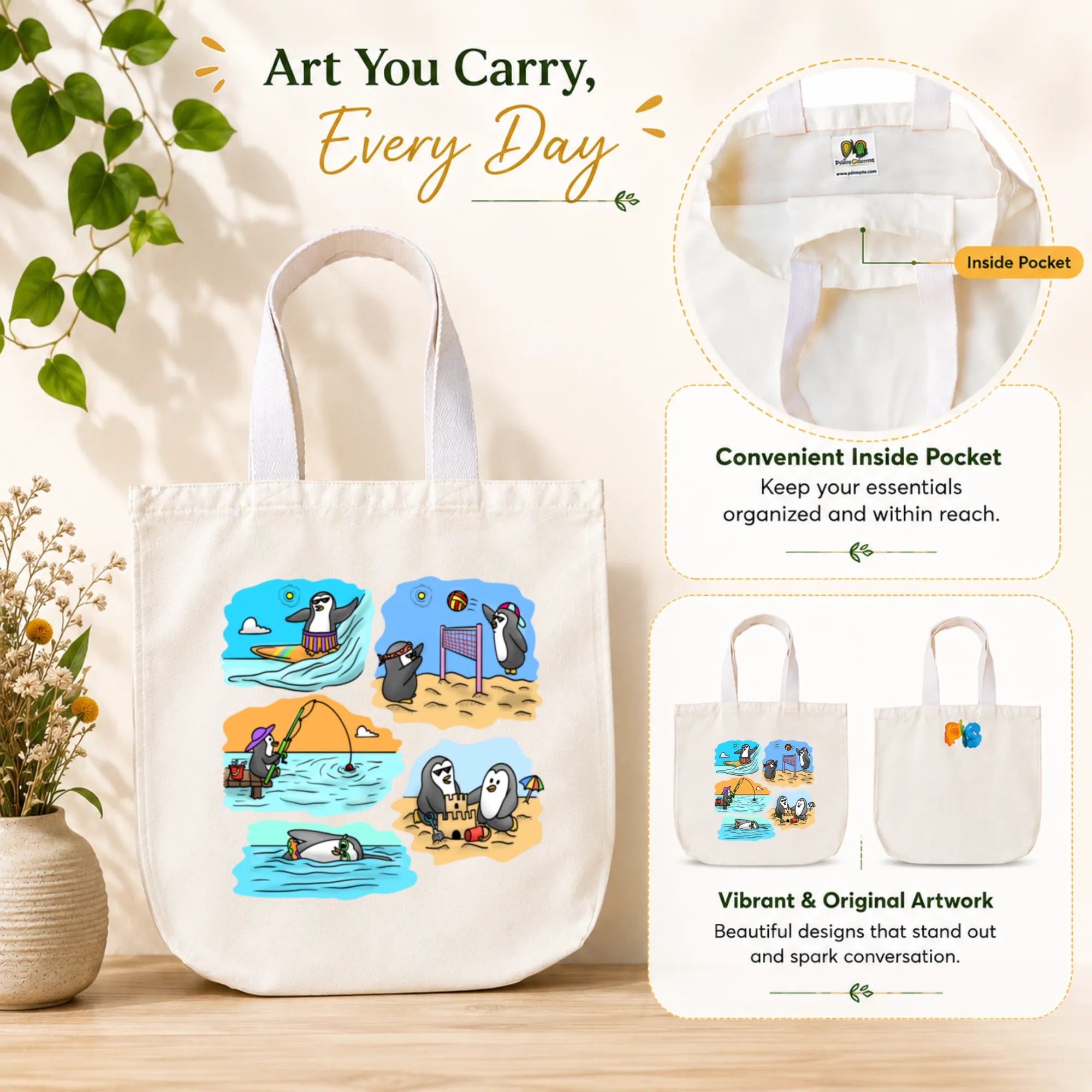 PaintzStories "Two Adventurous Penguins" Tote Bag in Use for Shopping, College and Travel