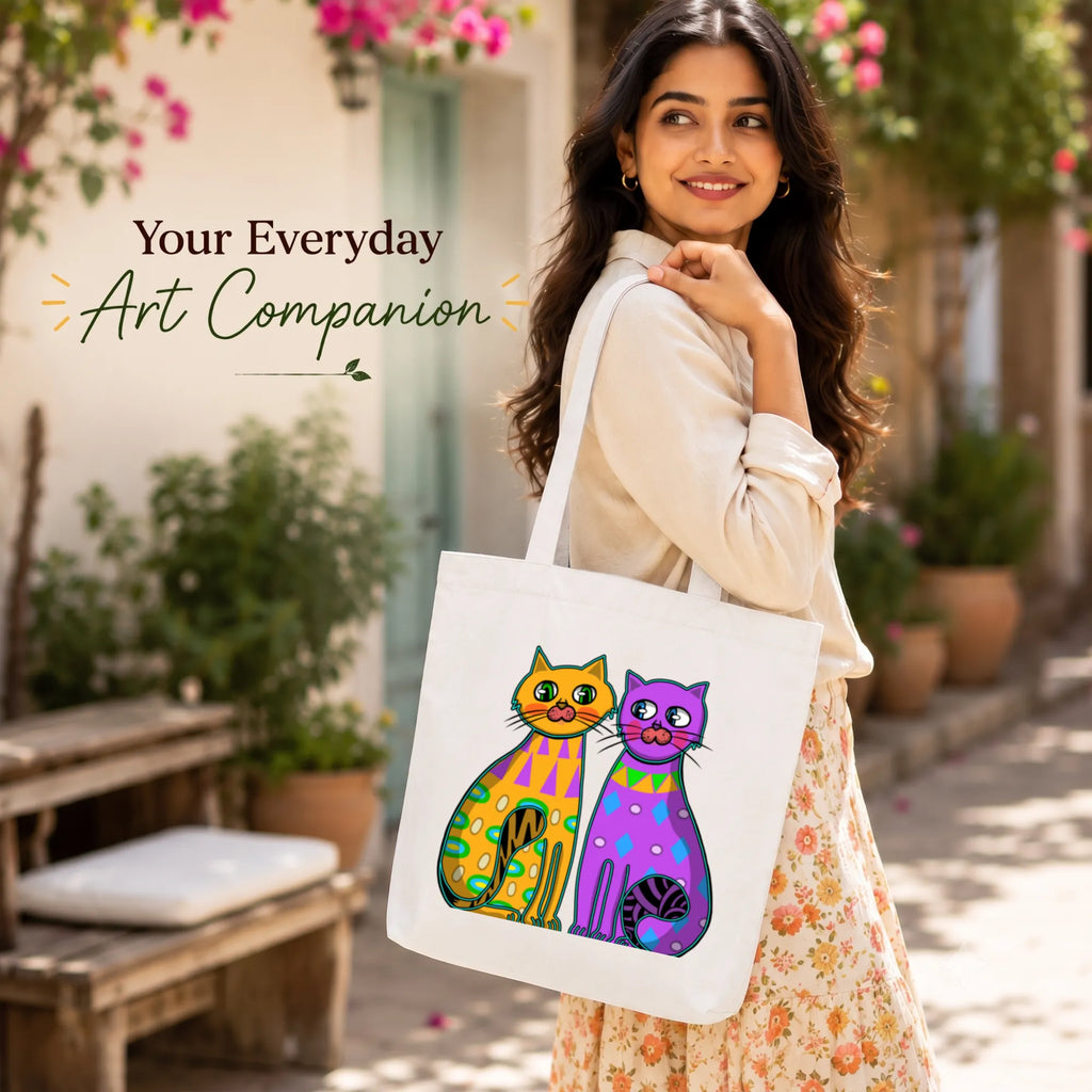 Close-up of "Two Fancy Cats" Artwork Print on PaintzStories Cotton Canvas Tote Bag