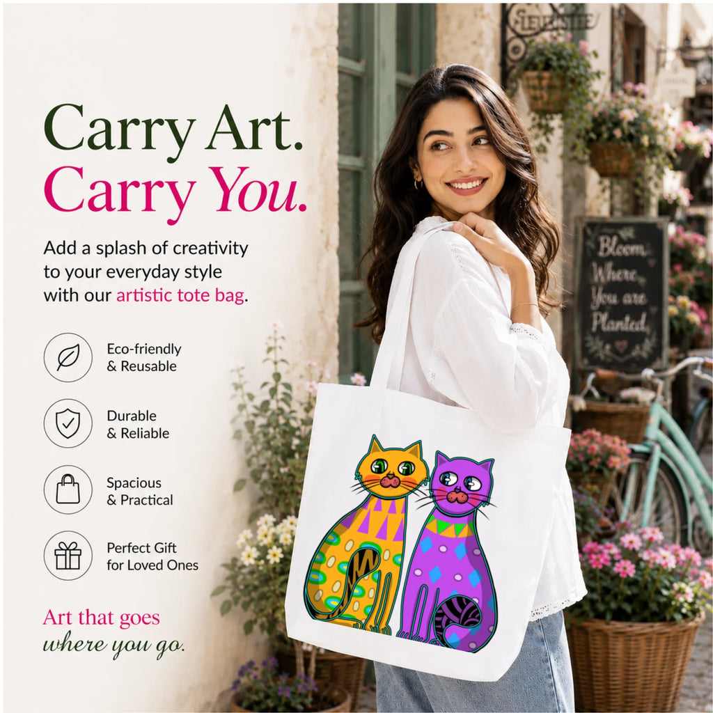 Woman Carrying PaintzStories "Two Fancy Cats" Artistic Tote Bag on Her Shoulder