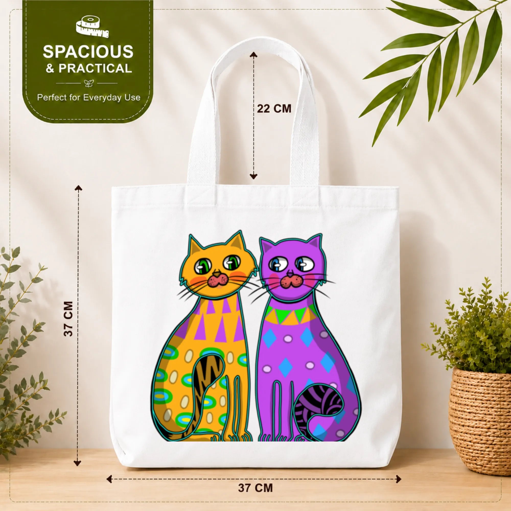PaintzStories "Two Fancy Cats" Tote Bag Size – 37cm x 37cm with 22cm Handles and Inner Pocket