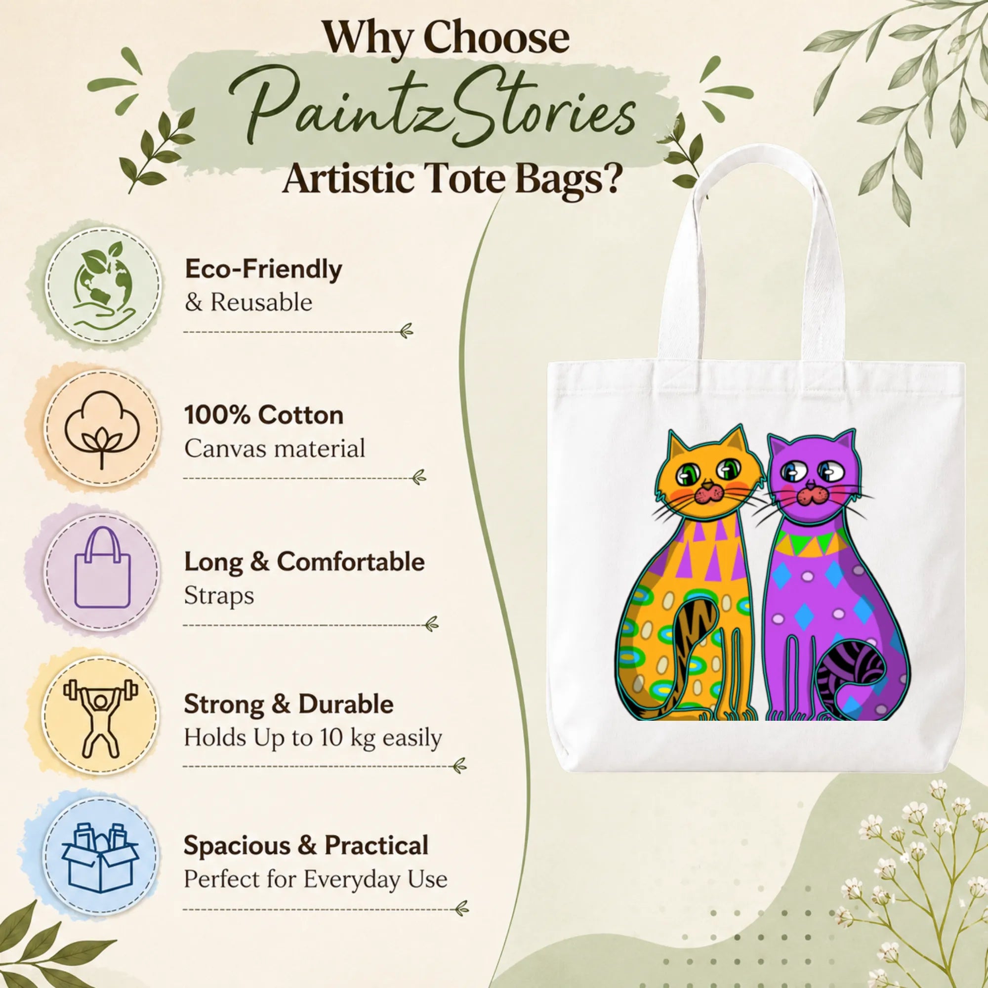 Close-up of "Two Fancy Cats" Tote Bag Showing Cotton Canvas Texture, Print Detail and Inner Pocket