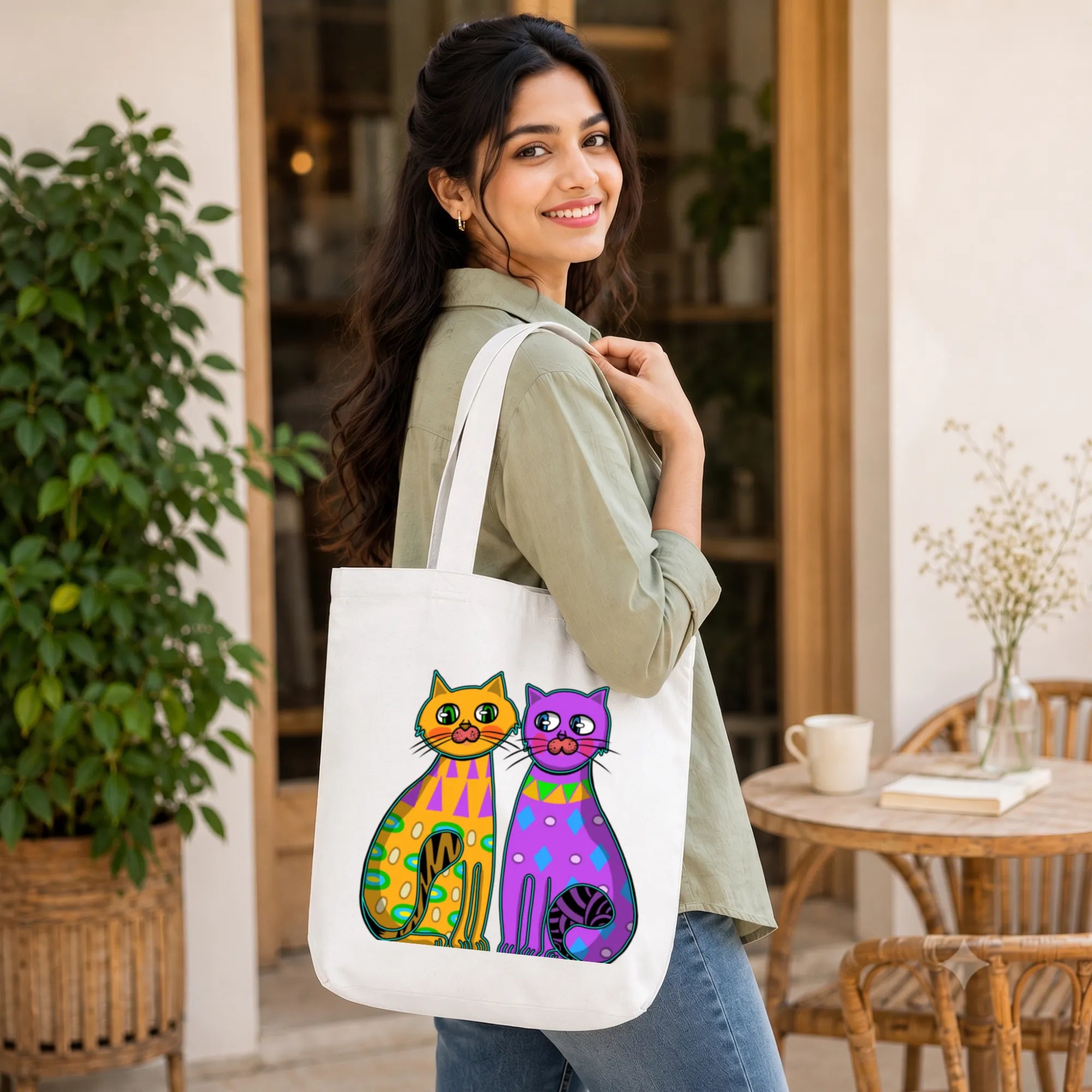 Model Holding PaintzStories "Two Fancy Cats" Artistic Tote Bag – Eco-Friendly Cotton Canvas