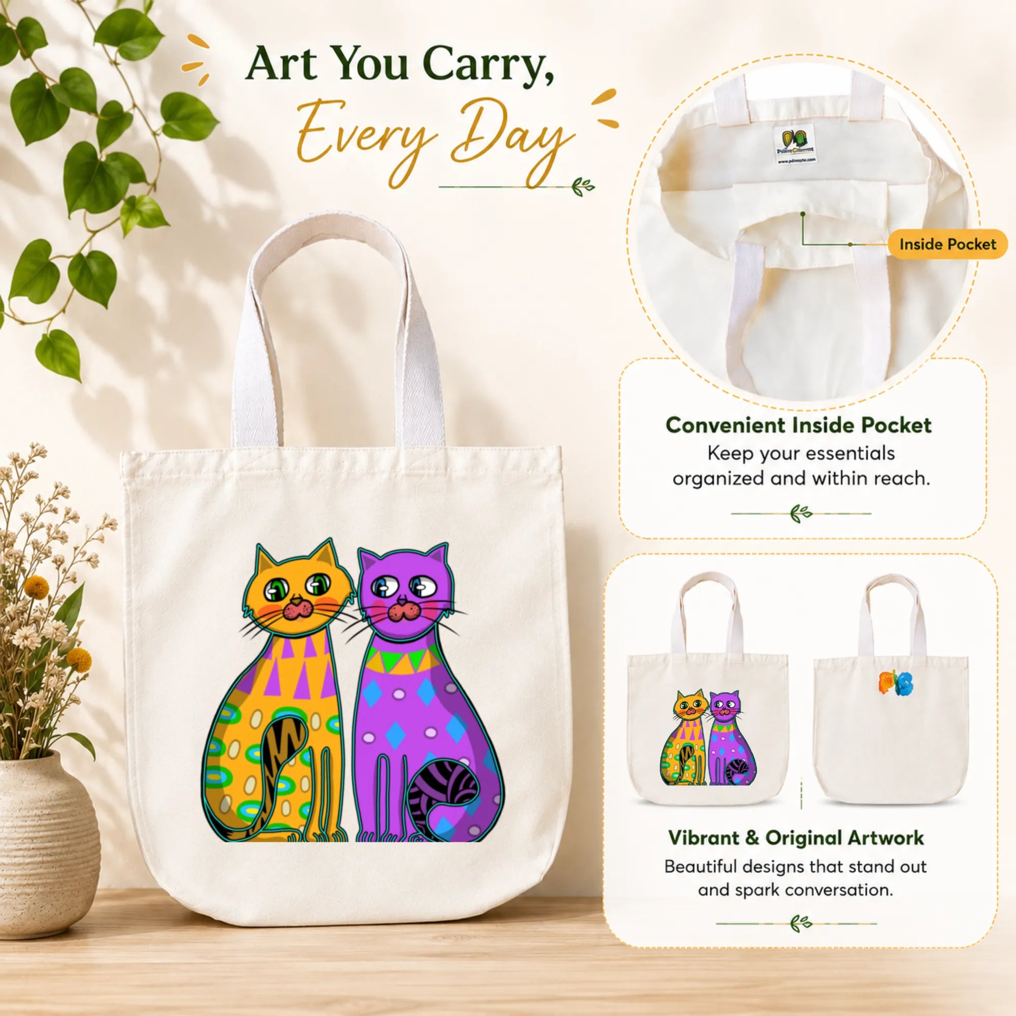 PaintzStories "Two Fancy Cats" Tote Bag in Use for Shopping, College and Travel