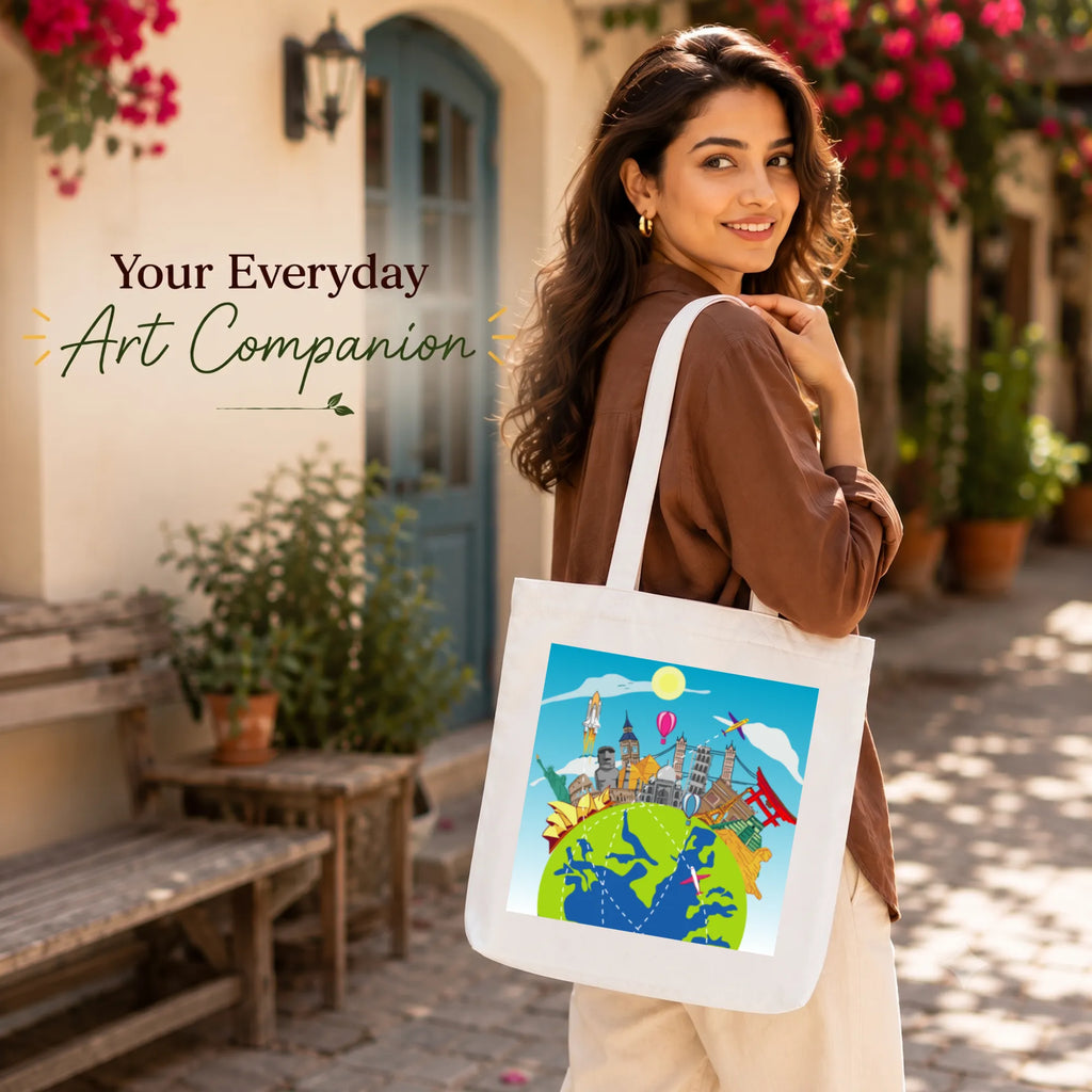 Close-up of "World Wonders" Artwork Print on PaintzStories Cotton Canvas Tote Bag