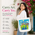 Woman Carrying PaintzStories "World Wonders" Artistic Tote Bag on Her Shoulder
