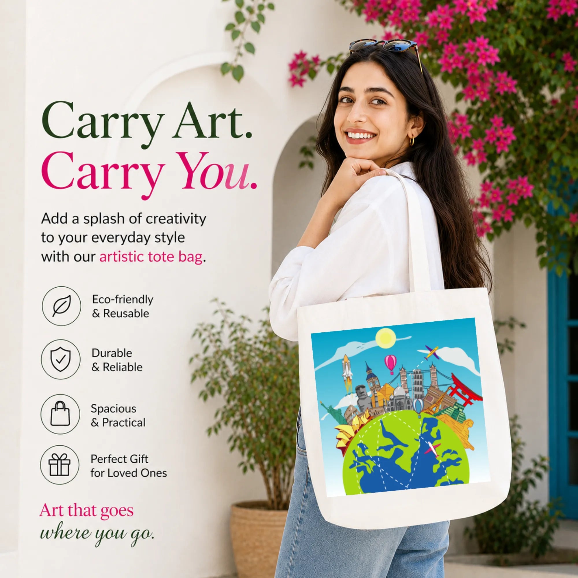 Woman Carrying PaintzStories "World Wonders" Artistic Tote Bag on Her Shoulder