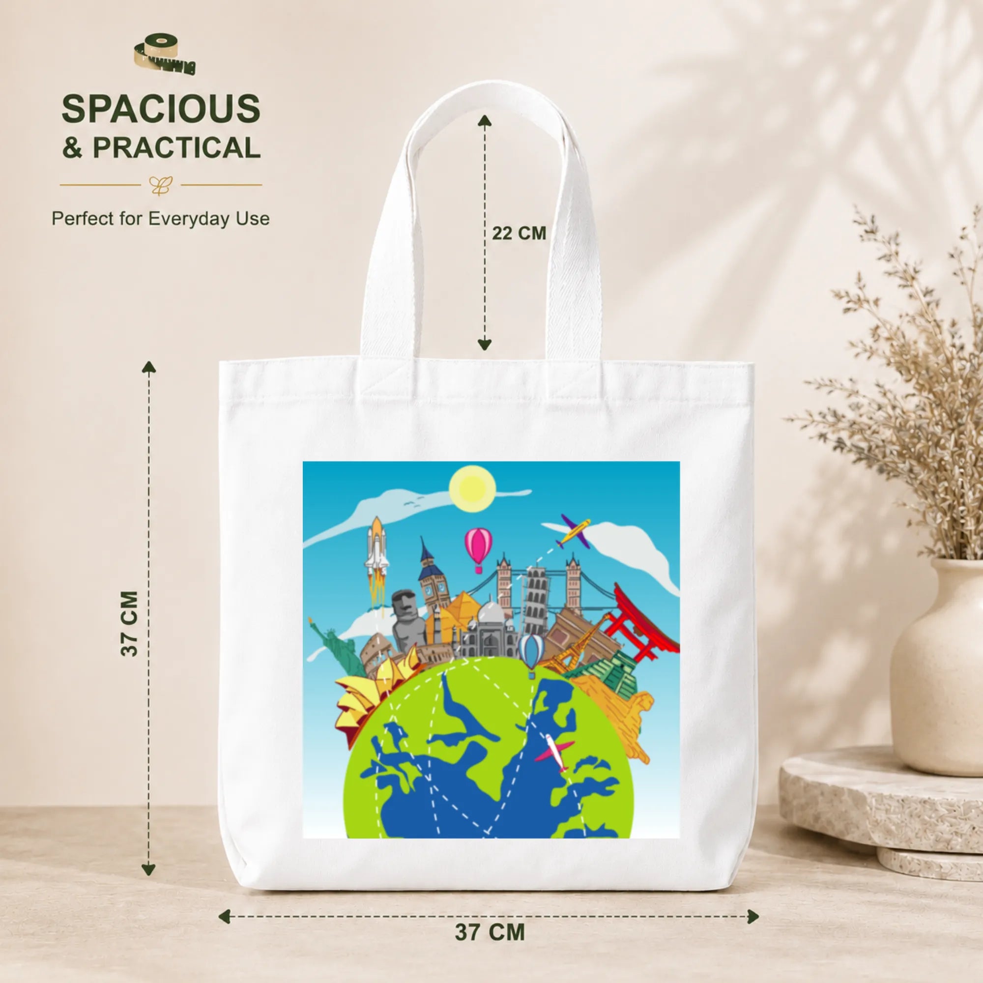 PaintzStories "World Wonders" Tote Bag Size – 37cm x 37cm with 22cm Handles and Inner Pocket