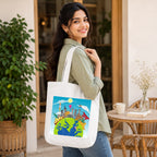 Model Holding PaintzStories "World Wonders" Artistic Tote Bag – Eco-Friendly Cotton Canvas