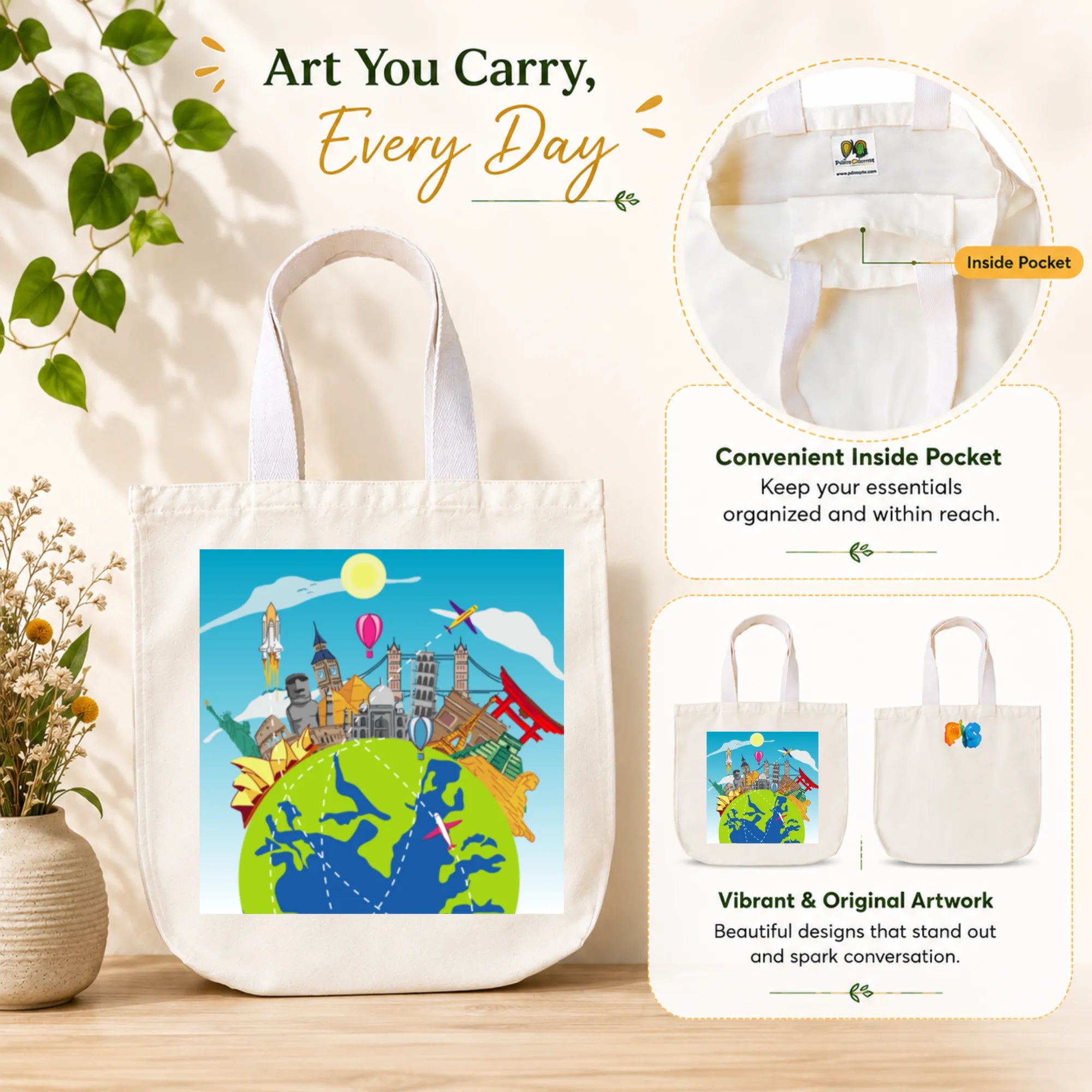 PaintzStories "World Wonders" Tote Bag in Use for Shopping, College and Travel