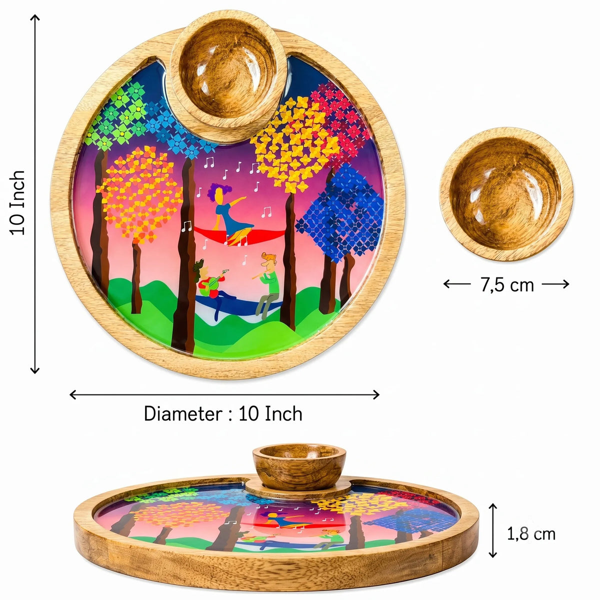 PaintzStories Tree Serenade circular wooden serving platter with bowl showing 10 x 10 inch platter size and 50 ml bowl