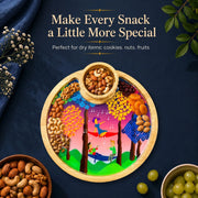 'PAINTZSTORIES Tree Serenade Circular Wooden Serving Platter with Wooden Bowl | Artistic Wooden Cutlery | Handmade Tableware | Decorative Centre Table Decor | Size 10 x 10 inch