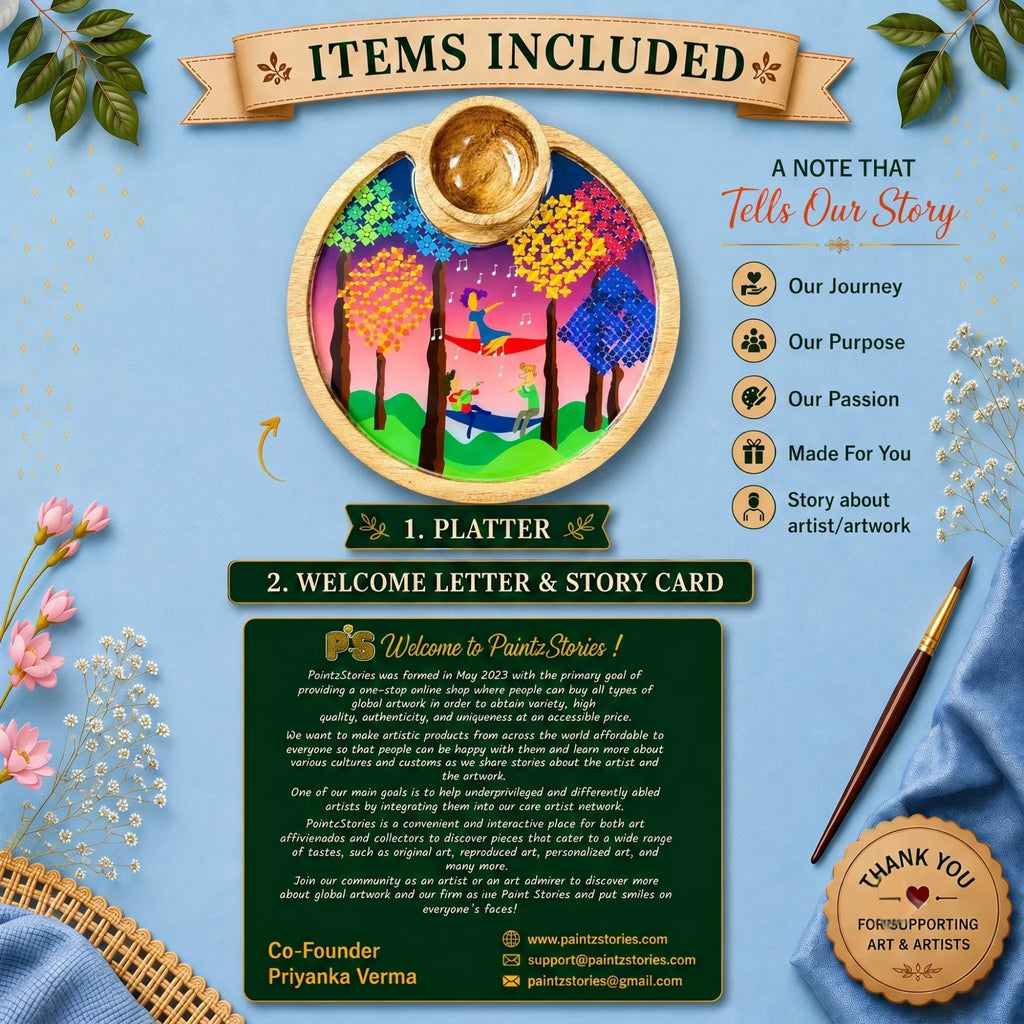 PaintzStories Tree Serenade circular wooden serving platter with 50 ml wooden bowl, PaintzStories Card and Welcome Letter included