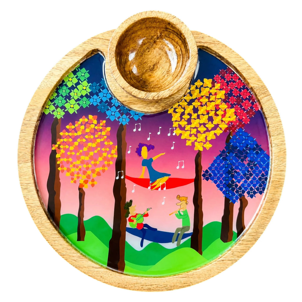 PaintzStories Tree Serenade circular wooden serving platter with wooden bowl, handcrafted solid mango wood with glossy Meena print, 10 x 10 inch