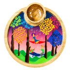 PaintzStories Tree Serenade circular wooden serving platter with wooden bowl, handcrafted solid mango wood with glossy Meena print, 10 x 10 inch