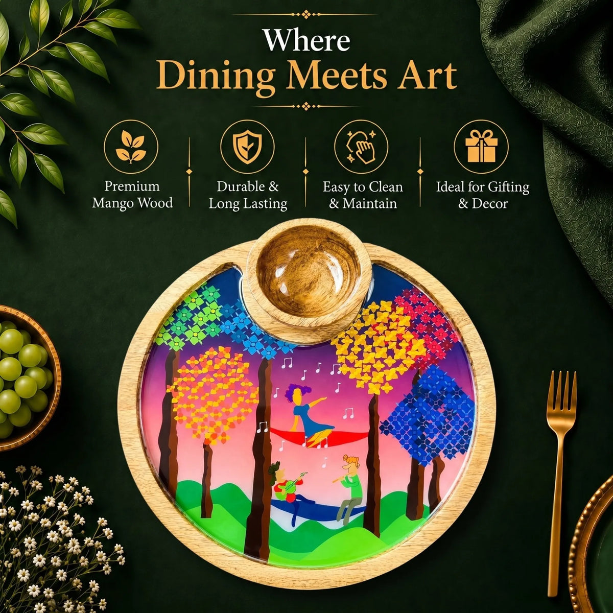 PaintzStories Tree Serenade artistic circular wooden serving platter with bowl styled for elegant dining and table decor