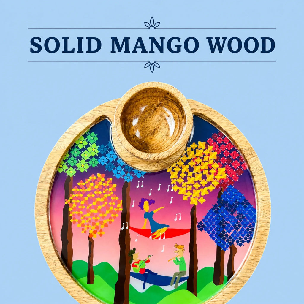 PaintzStories Tree Serenade circular serving platter handcrafted from solid mango wood with glossy Meena artwork and wooden bowl