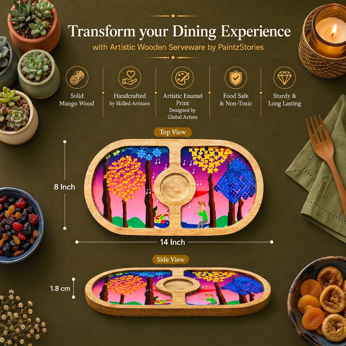 PaintzStories Tree Serenade round wooden serving platter, 14 x 8 inch size
