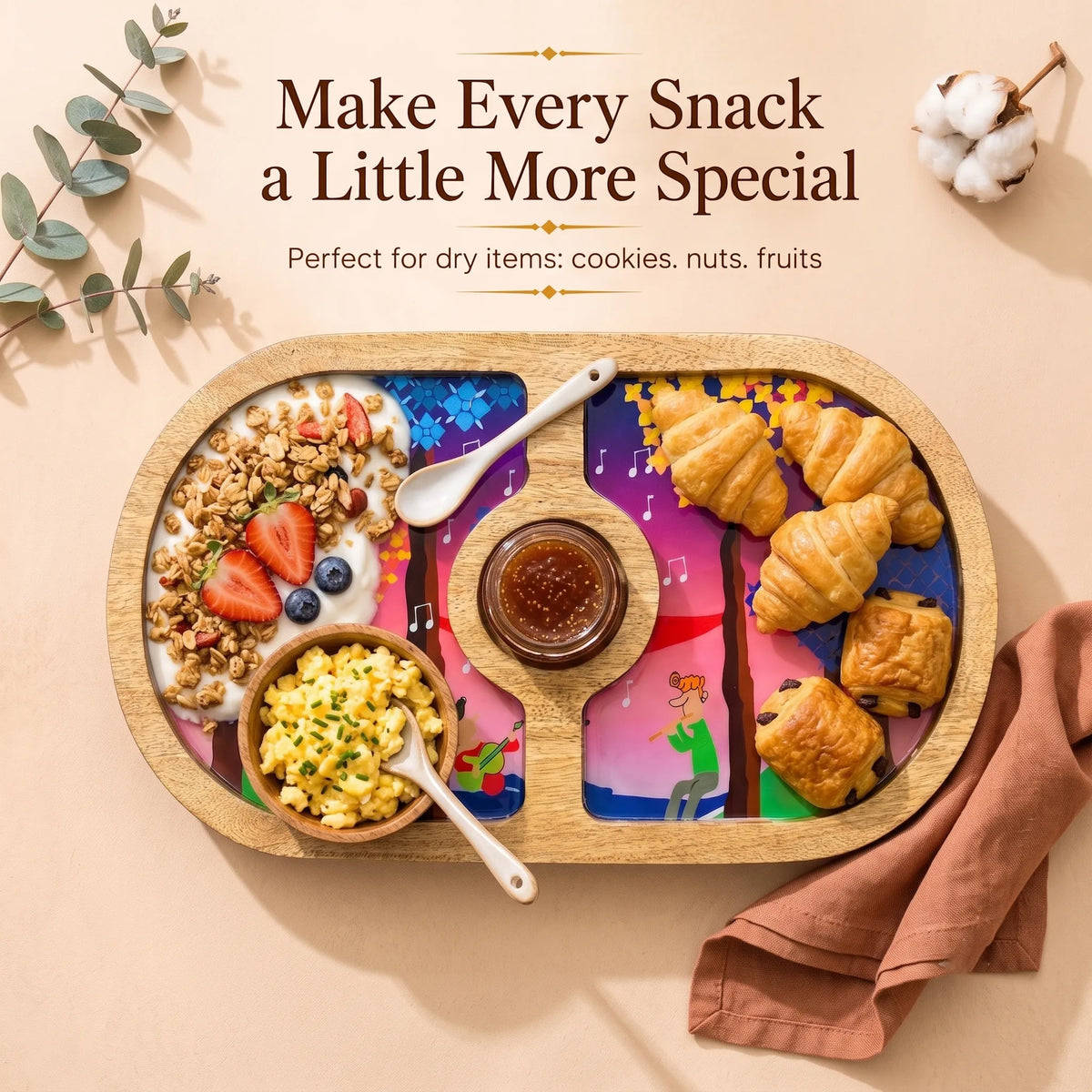 PaintzStories Tree Serenade round wooden platter for serving snacks, starters, fruits and small bites