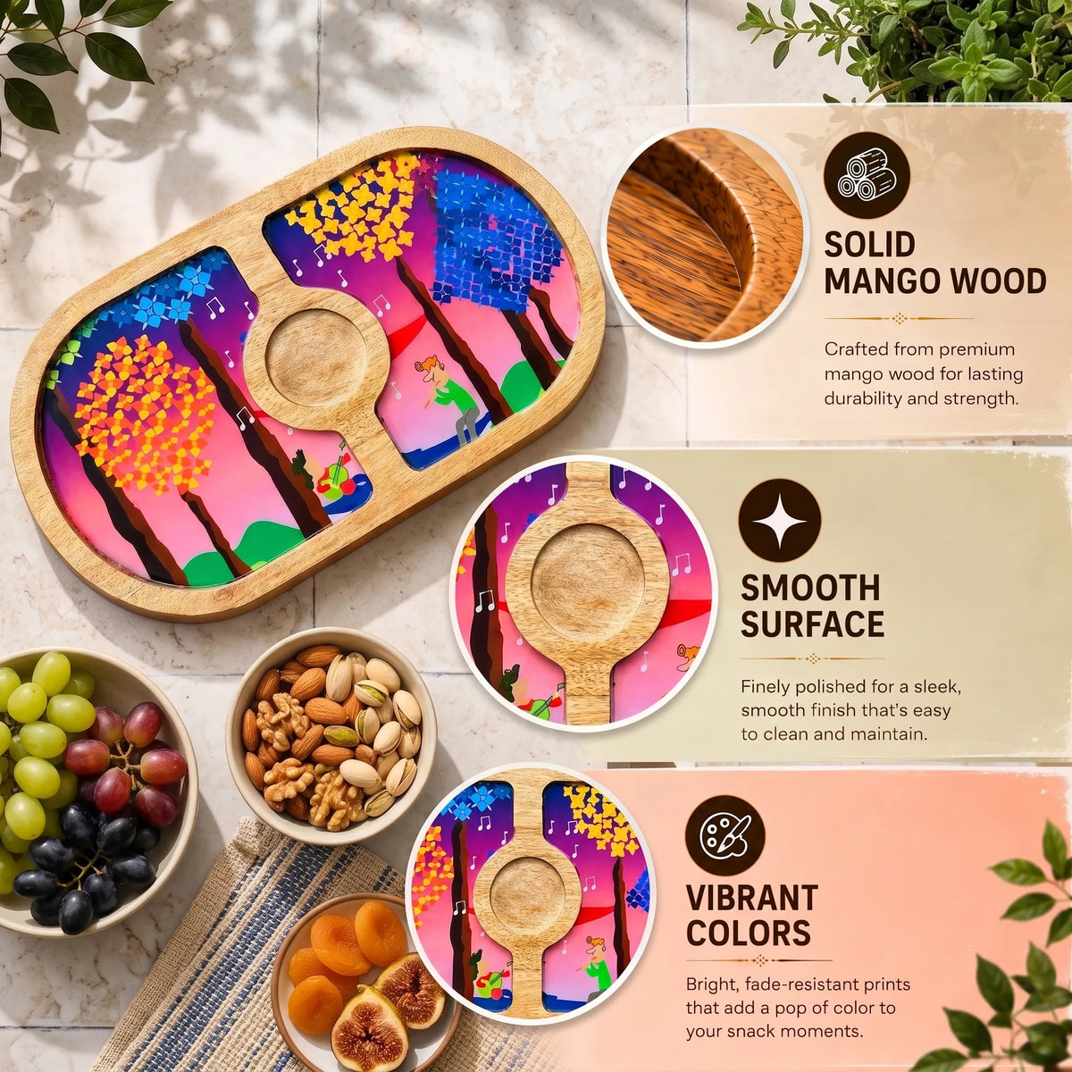 PaintzStories Tree Serenade round wooden serving platter featuring solid mango wood and glossy Meena print