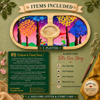 PaintzStories Tree Serenade round wooden platter with PaintzStories Card and Welcome Letter