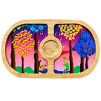 PaintzStories Tree Serenade round wooden serving platter, handcrafted solid mango wood with glossy Meena print, 14 x 8 inch