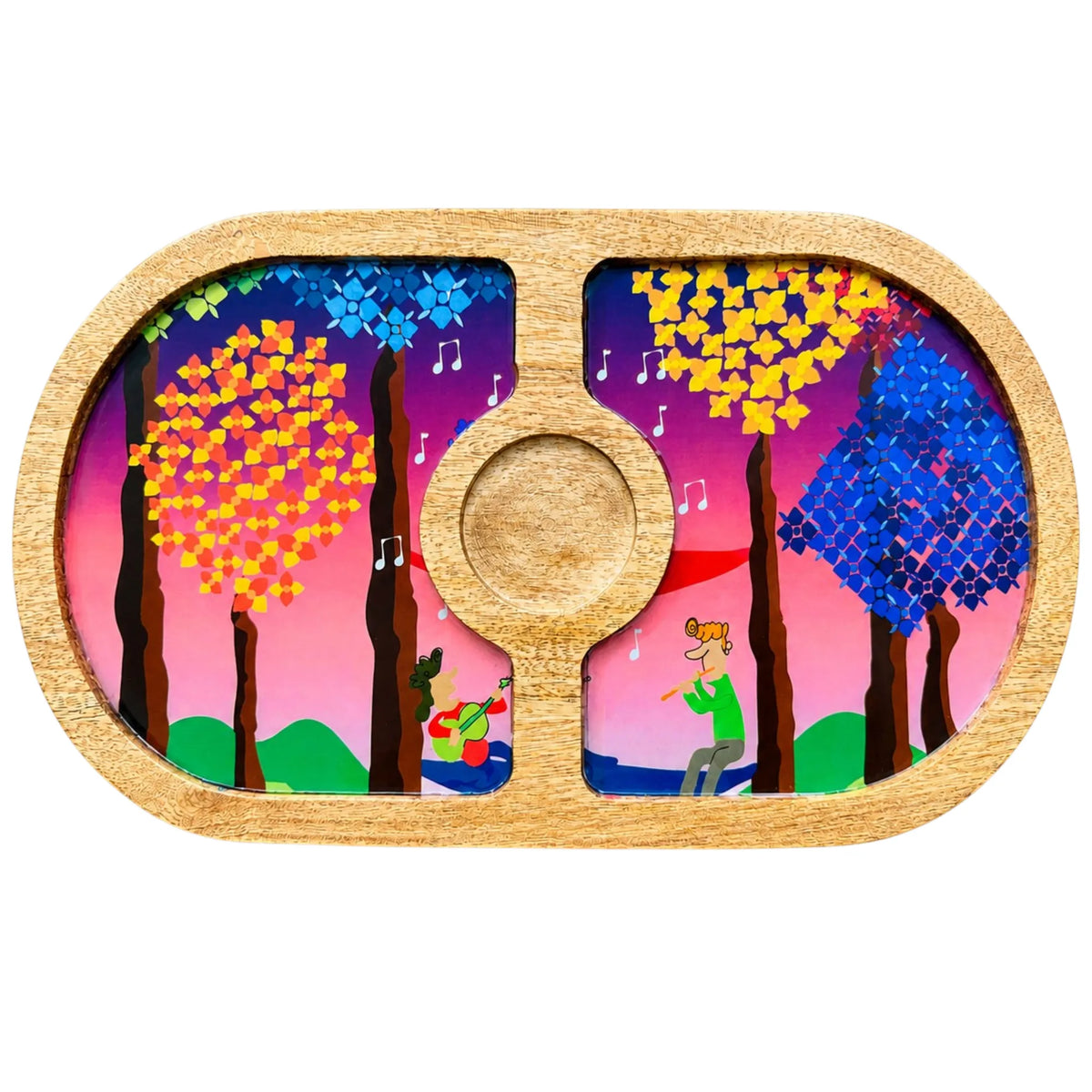 PaintzStories Tree Serenade round wooden serving platter, handcrafted solid mango wood with glossy Meena print, 14 x 8 inch