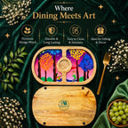 PaintzStories Tree Serenade artistic round wooden serving platter styled for elegant dining and table decor