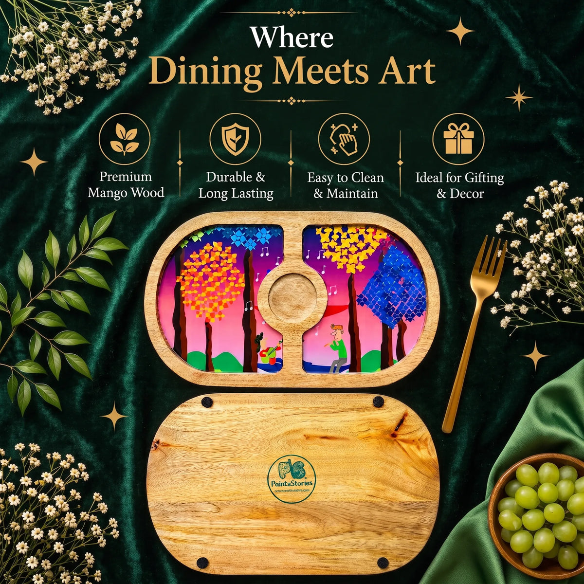 PaintzStories Tree Serenade artistic round wooden serving platter styled for elegant dining and table decor