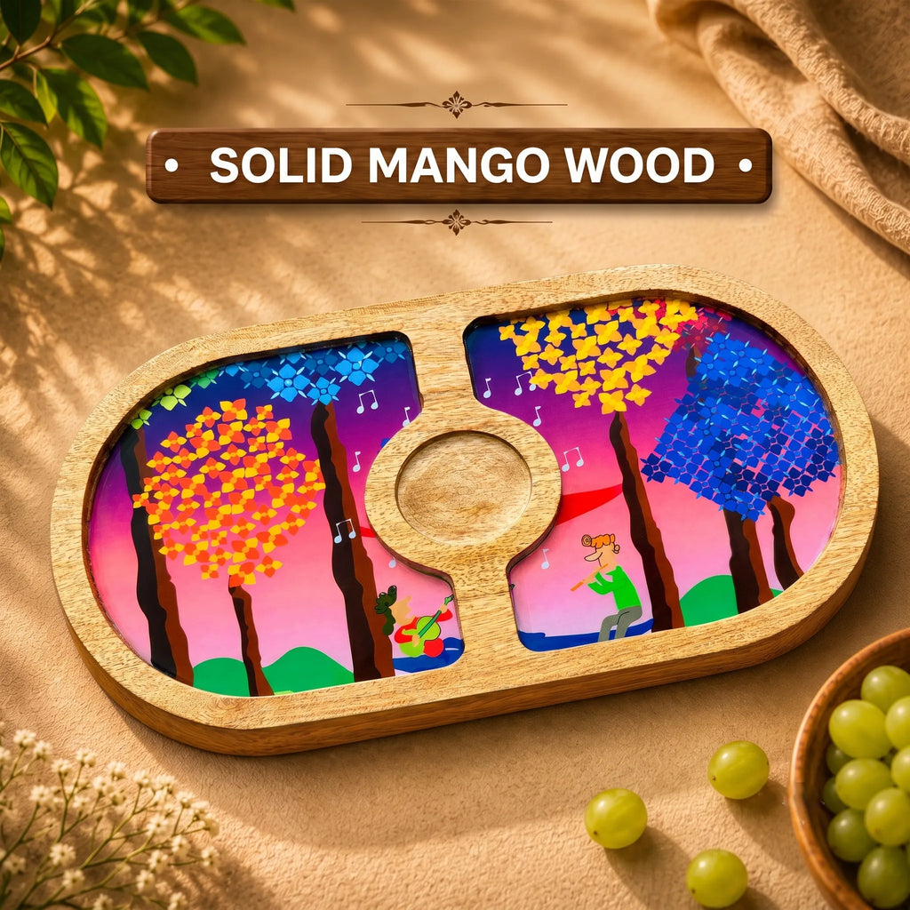 PaintzStories Tree Serenade round platter handcrafted from solid mango wood with glossy Meena artwork