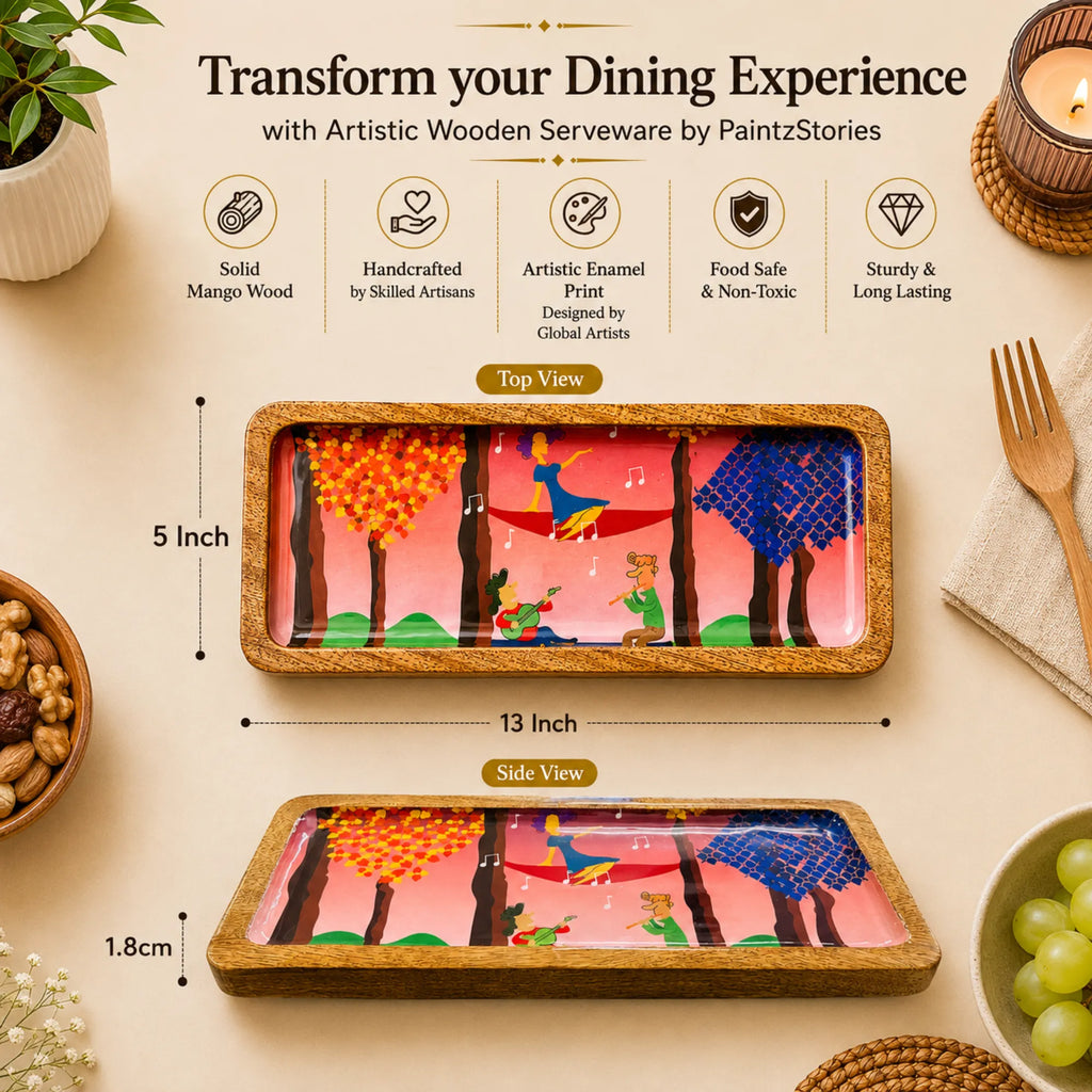 PaintzStories rectangular wooden platter measuring 13 x 5 inch, compact for serving snacks and sides