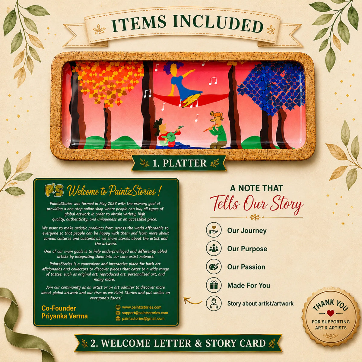 1 PaintzStories wooden rectangular platter, PaintzStories Card and Welcome Letter
