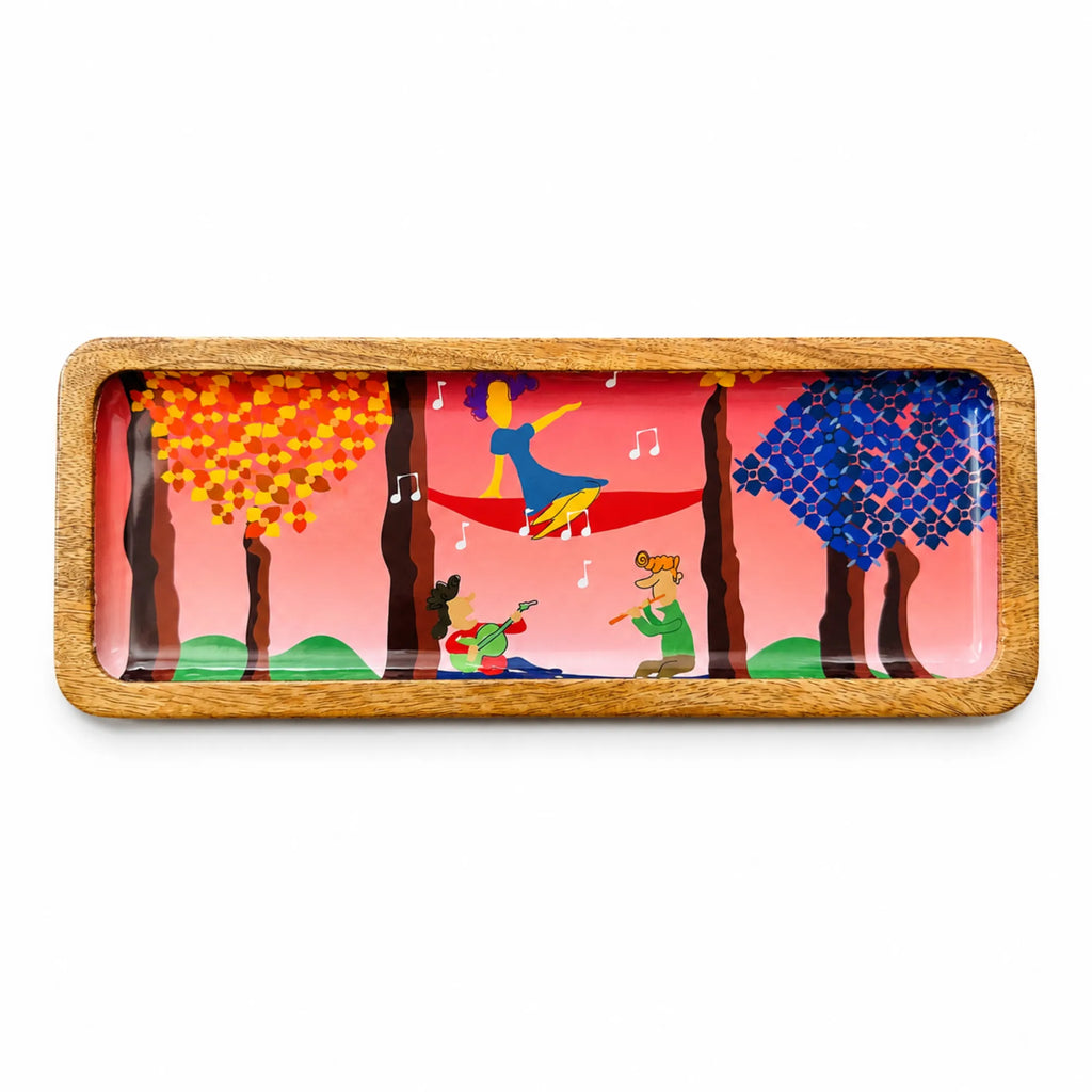 PaintzStories tree serenade artwork featuring musicians under the stars on a handcrafted solid mango wood rectangular platter, 13 x 5 inch