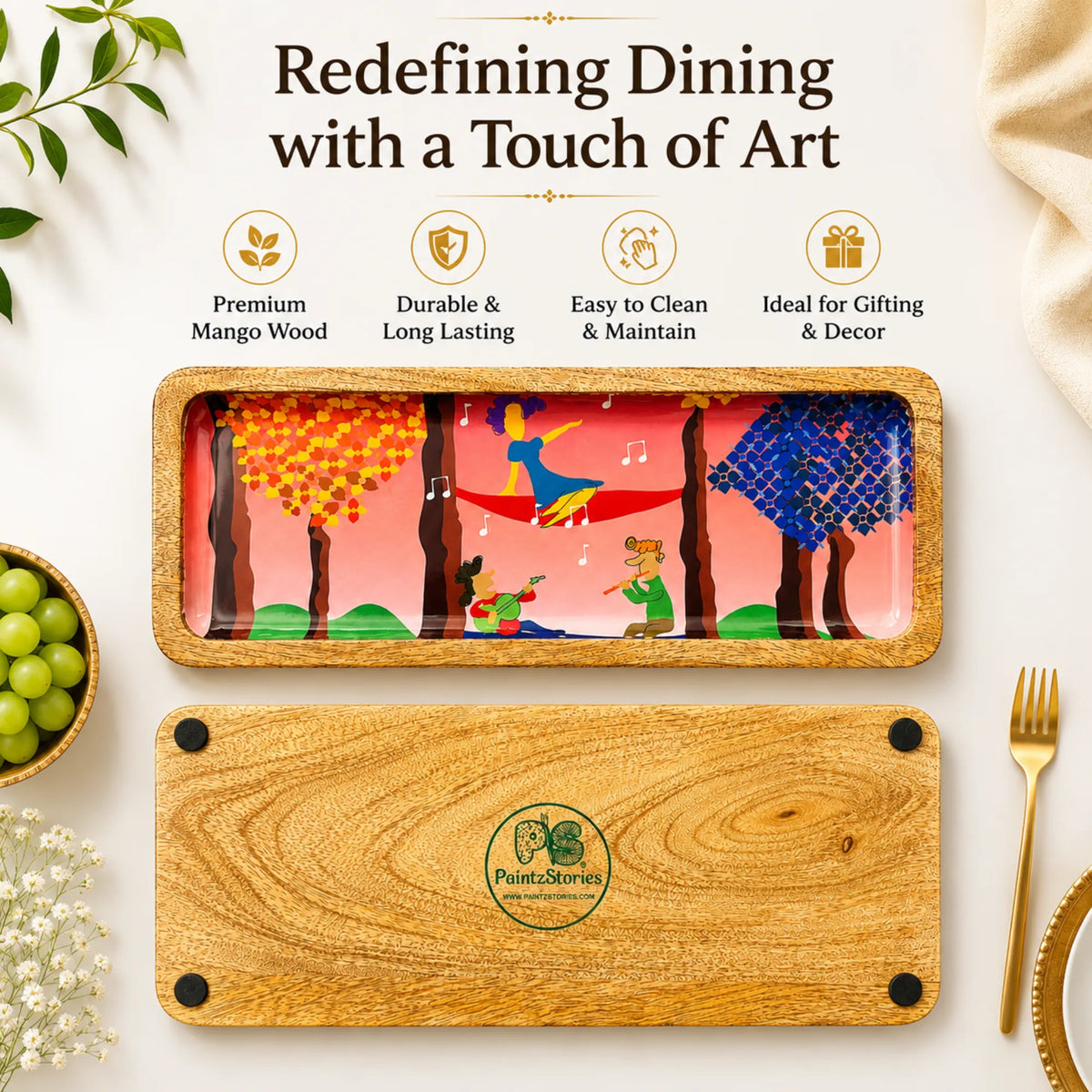 PaintzStories tree serenade artwork featuring musicians under the stars on an artistic rectangular wooden platter for elegant dining and table decor
