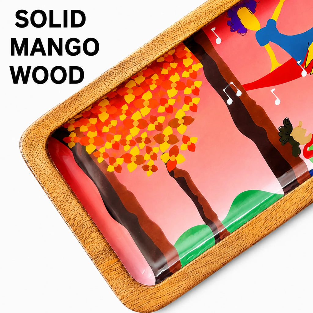 Handcrafted PaintzStories rectangular platter made from solid mango wood with glossy Meena print artwork