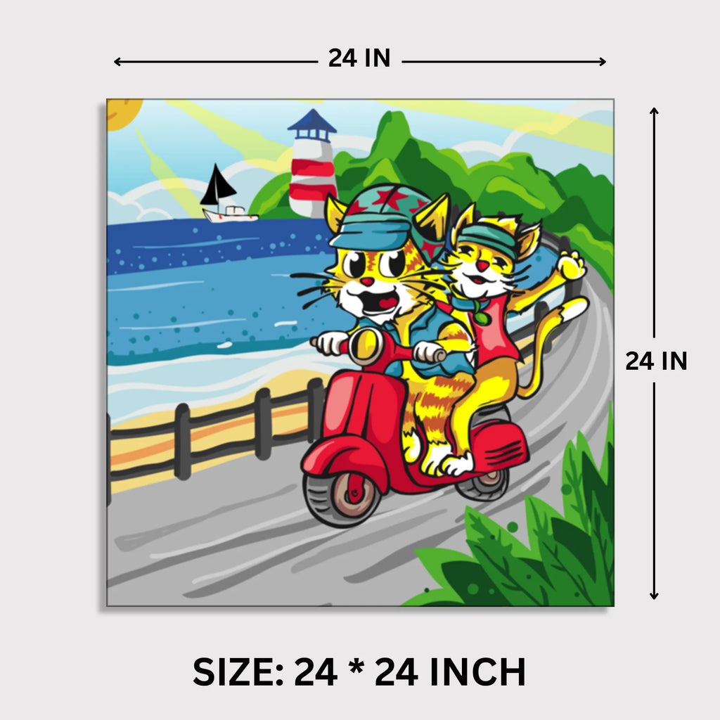 Trendy Cats: Joyful Ride Along the Coastline canvas print dimensions 2 feet x 2 feet framed wall art