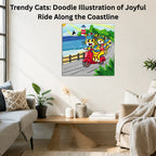 Trendy Cats: Joyful Ride Along the Coastline canvas wall art displayed in a modern living room home décor setup