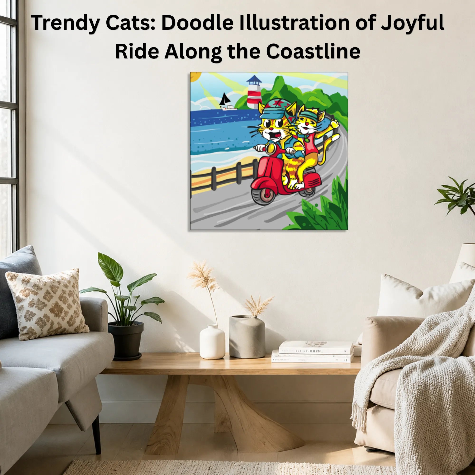 Trendy Cats: Joyful Ride Along the Coastline canvas wall art displayed in a modern living room home décor setup