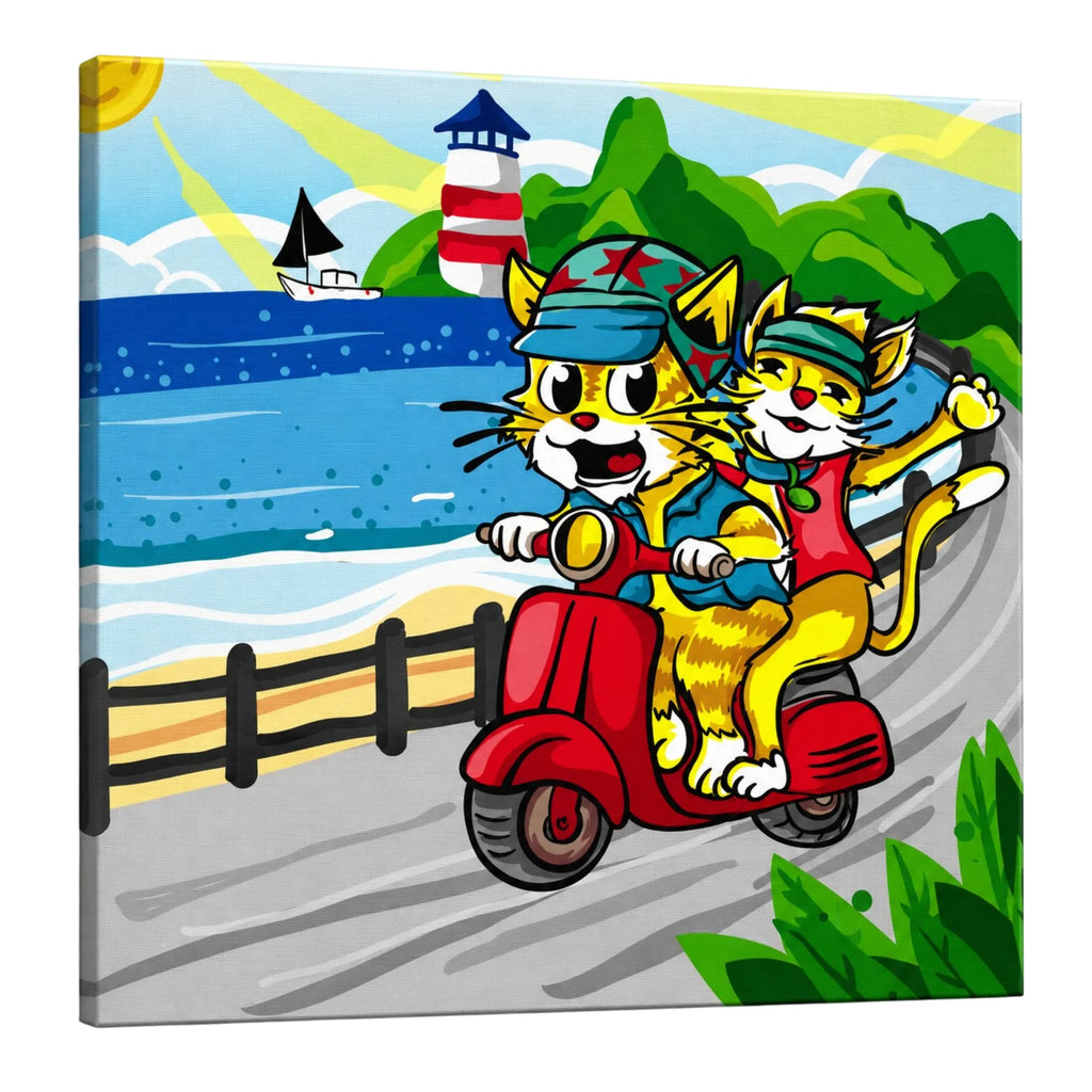 Trendy Cats: Joyful Ride Along the Coastline premium framed canvas print wall art for living room by PaintzStories