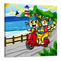 Trendy Cats: Joyful Ride Along the Coastline premium framed canvas print wall art for living room by PaintzStories