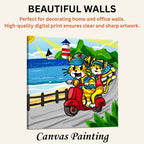 Trendy Cats: Joyful Ride Along the Coastline artistic canvas print enhancing beautiful living room walls