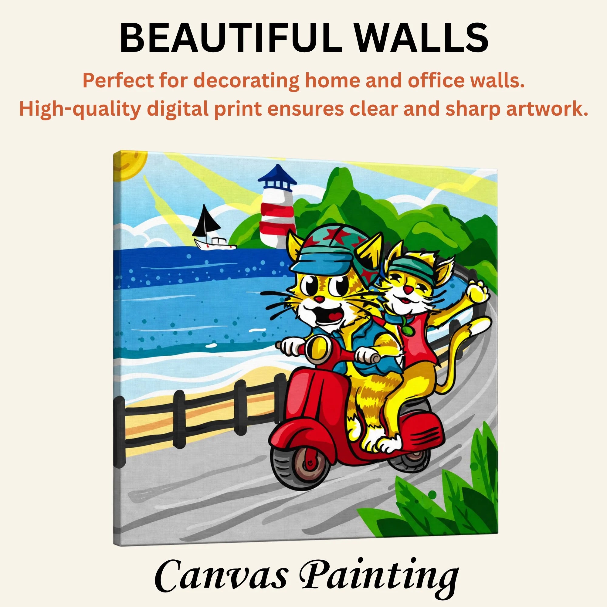 Trendy Cats: Joyful Ride Along the Coastline artistic canvas print enhancing beautiful living room walls