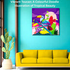 Vibrant Toucan: Colourful Doodle Illustration of Tropical Beauty canvas wall art displayed in a modern living room home décor setup