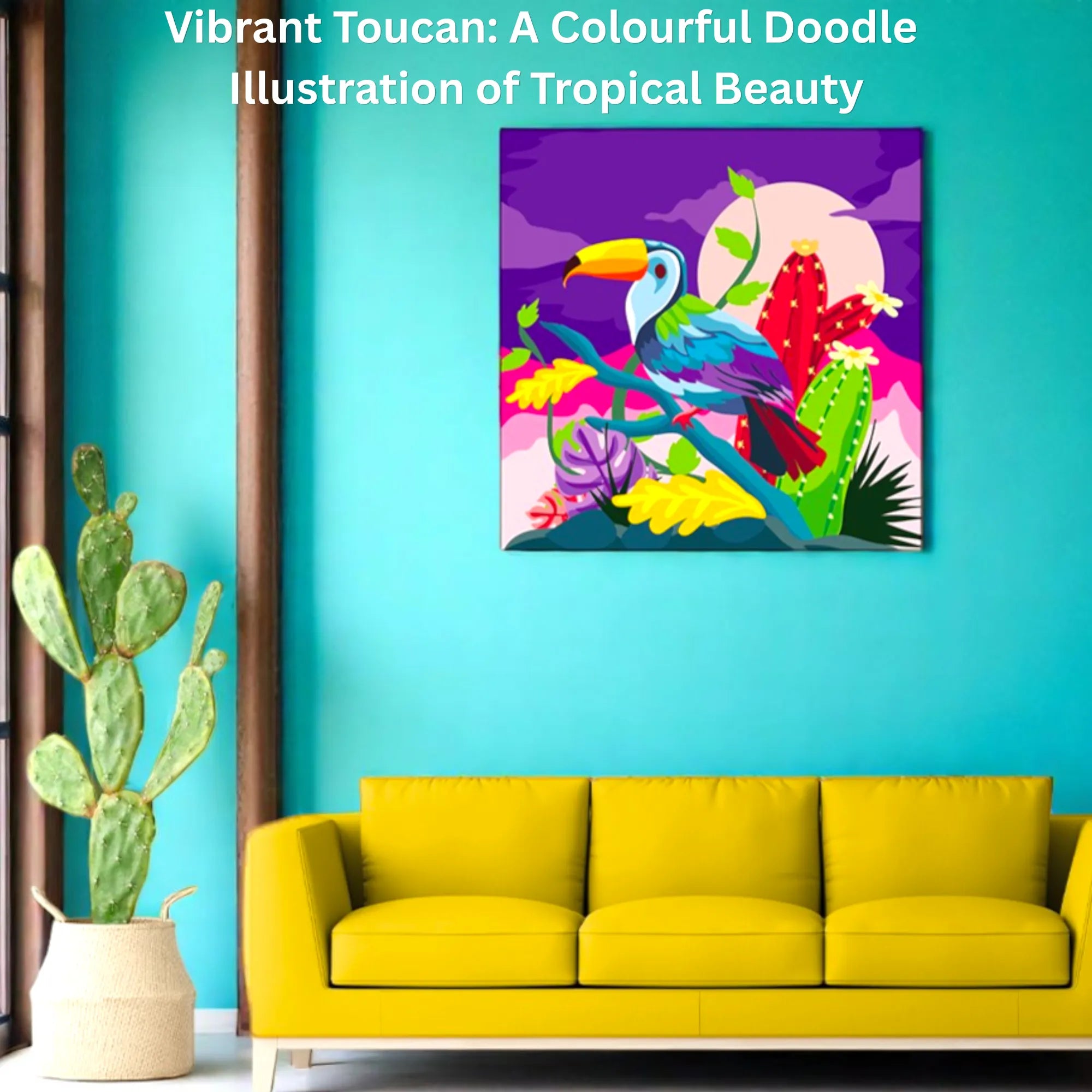 Vibrant Toucan: Colourful Doodle Illustration of Tropical Beauty canvas wall art displayed in a modern living room home décor setup