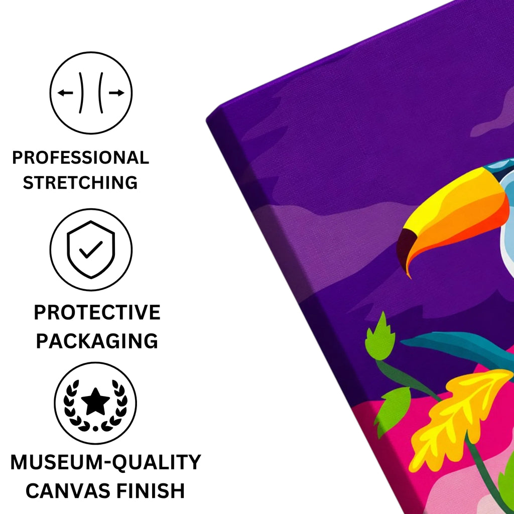Vibrant Toucan: Colourful Doodle Illustration of Tropical Beauty canvas print professionally stretched with a neat wrap finish and securely packed in protective packaging for safe delivery