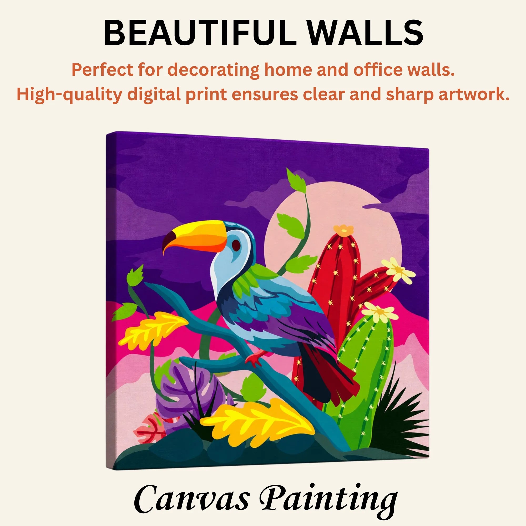 Vibrant Toucan: Colourful Doodle Illustration of Tropical Beauty artistic canvas print enhancing beautiful living room walls