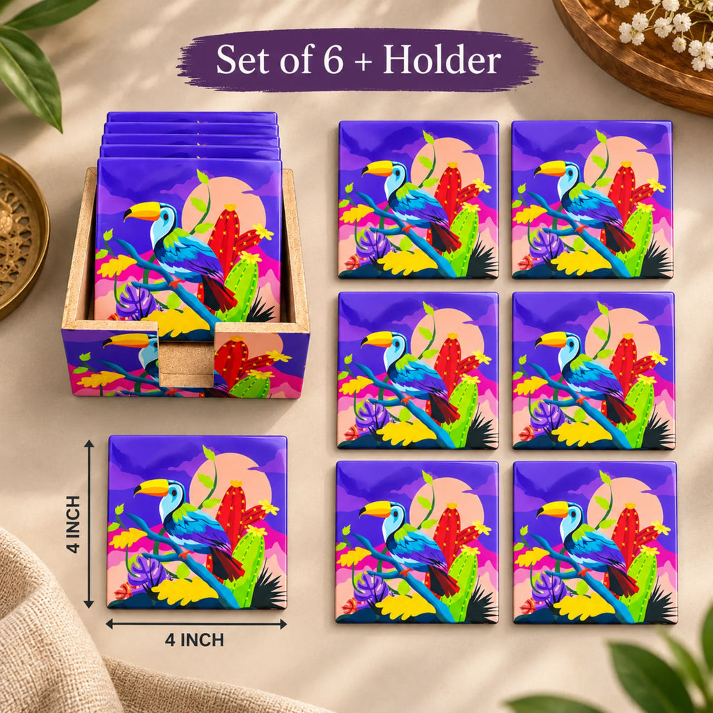 PaintzStories Vibrant Toucan wooden coasters 4x4 inch with holder dimensions