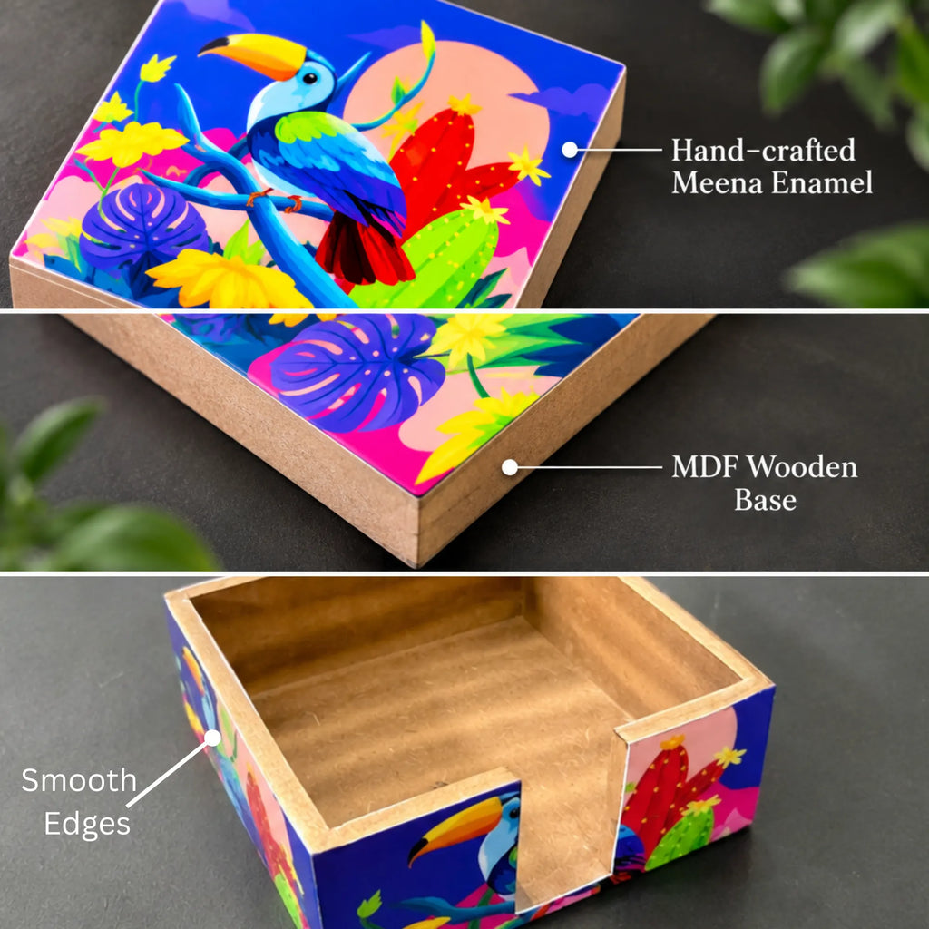 PaintzStories Vibrant Toucan handcrafted wooden coasters with decorative Meena print