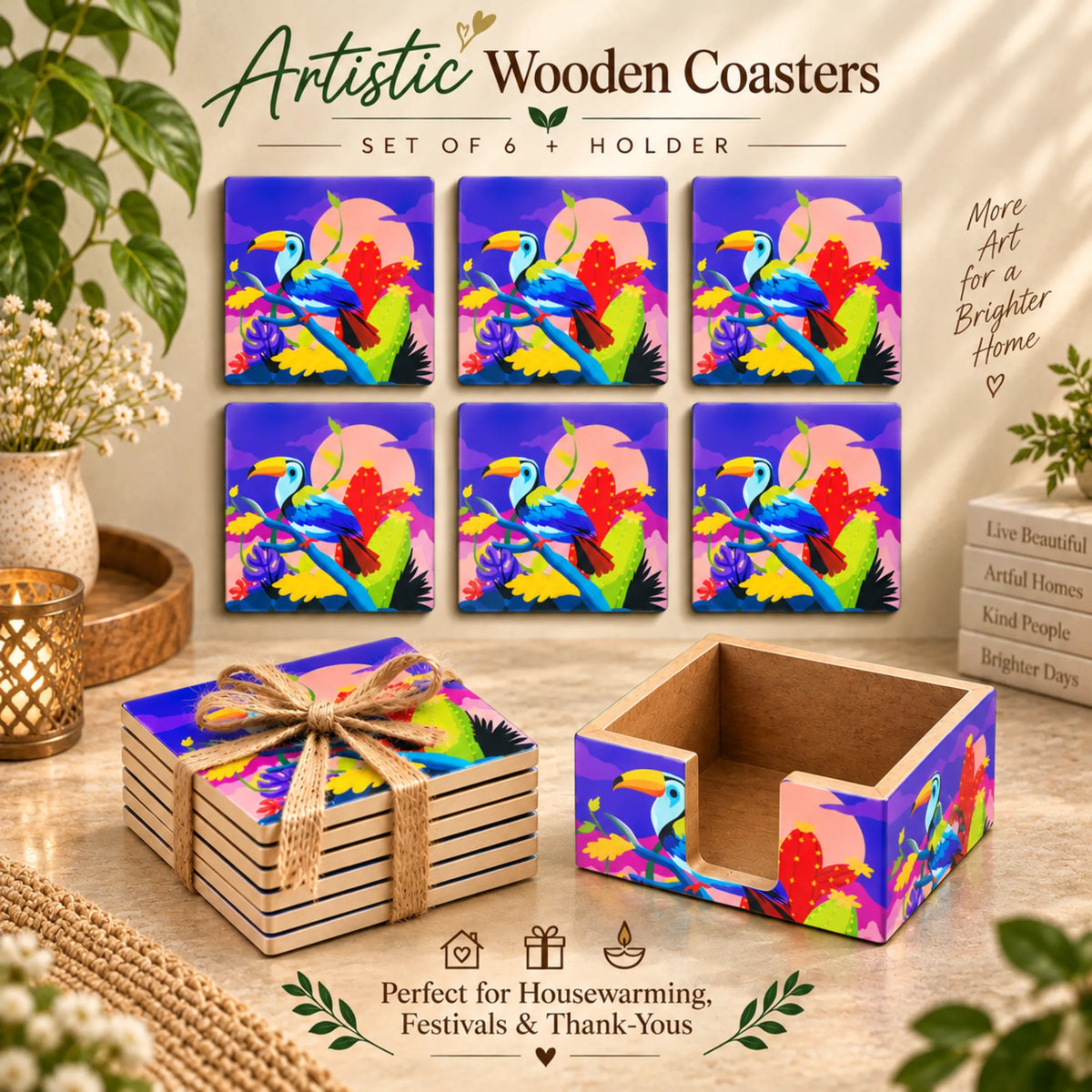 PaintzStories Vibrant Toucan wooden coasters set of 6 gift item