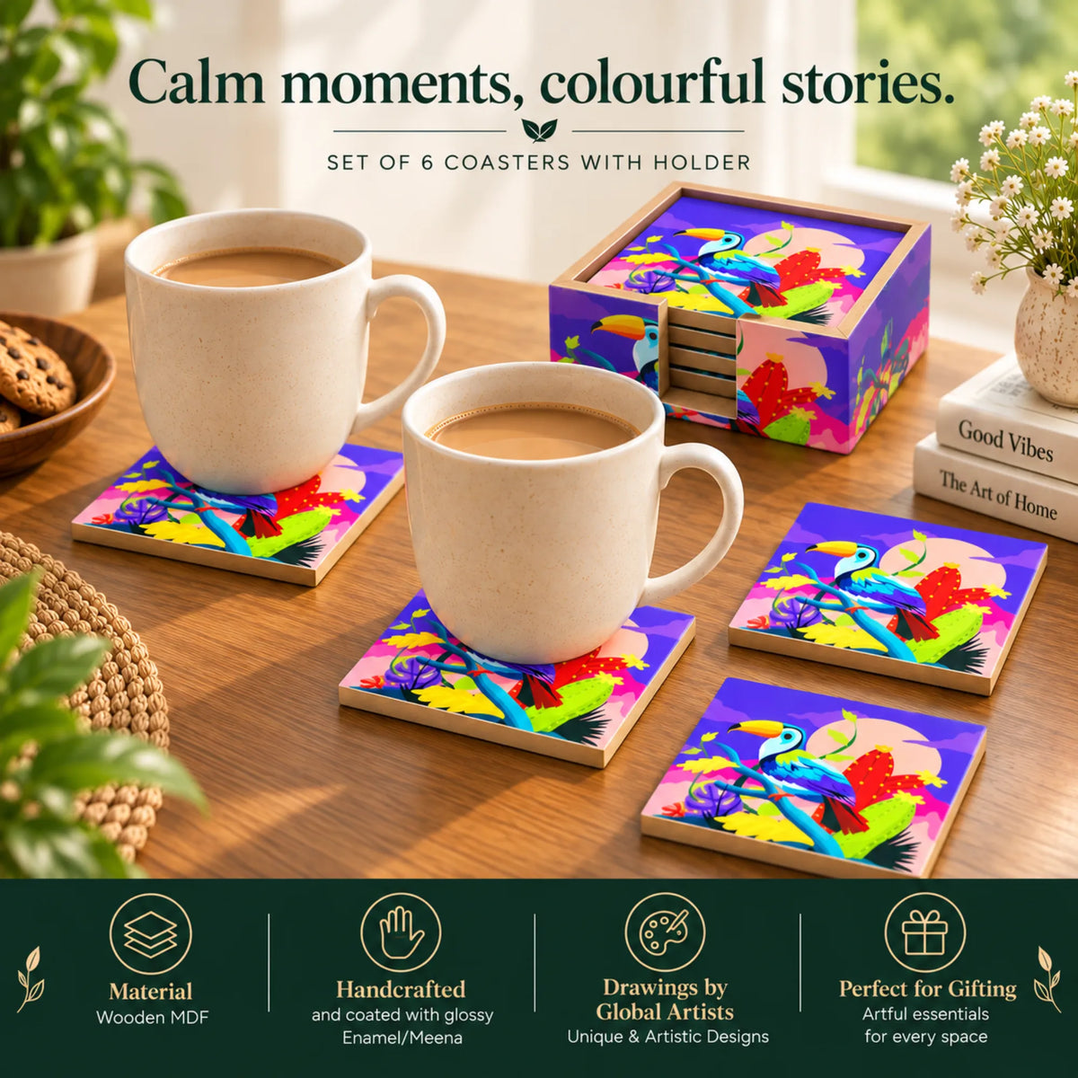 PaintzStories Vibrant Toucan decorative wooden coasters for home decor