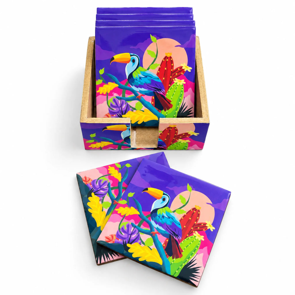 PaintzStories Vibrant Toucan artistic wooden coasters set of 6 with holder
